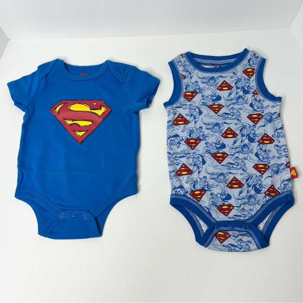 Superman T-Shirts One Piece Infant Size 0-6M Blue Red Snap Closure Set Of 2